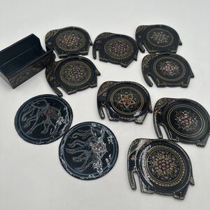 Vintage Lacquerware Coaster Handmade set of 10 Elephant Shape Round Hand Painted